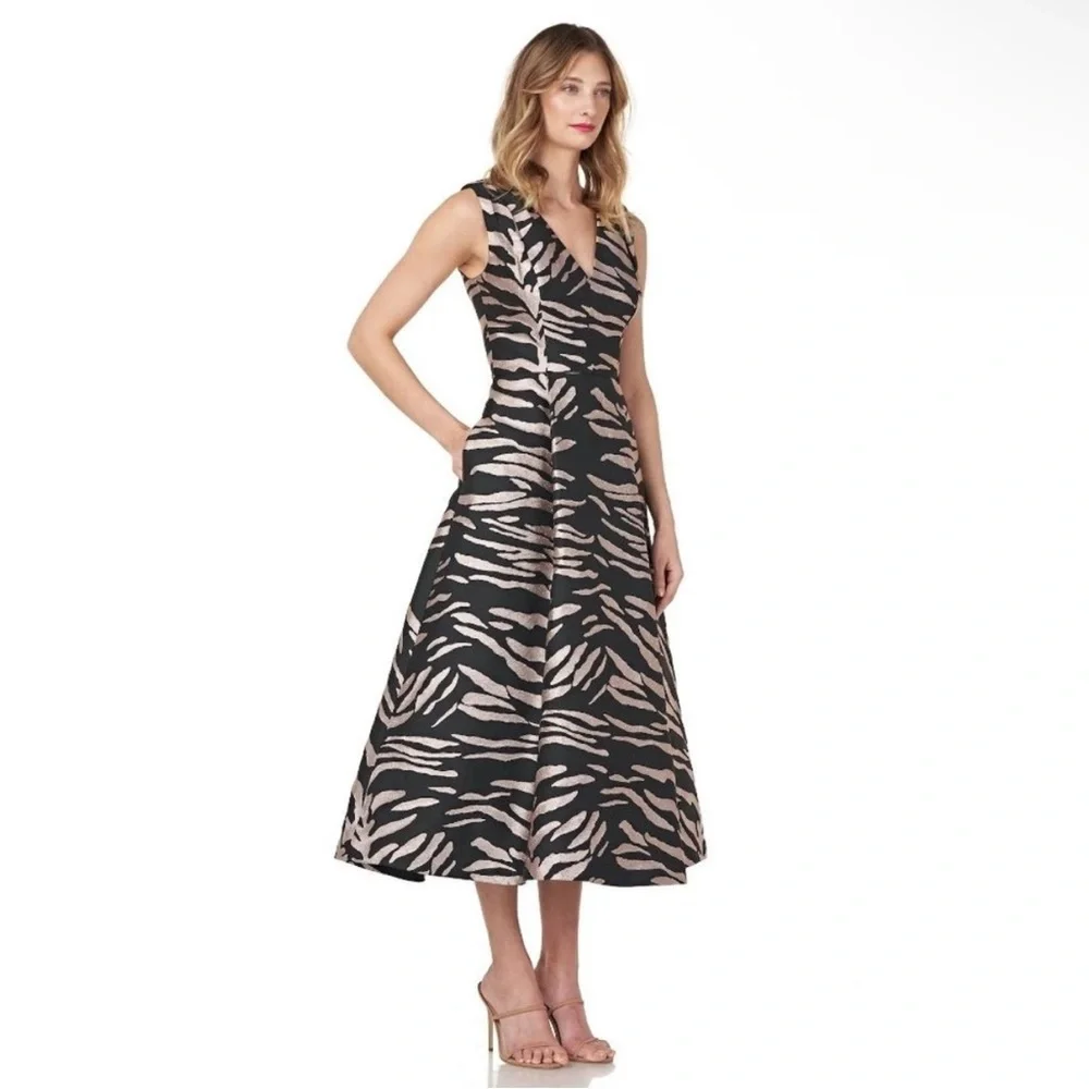 Kay Unger Black & Beige Zebra-Print V-Neck Midi Dress Cocktail Evening Gala Prom